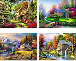OurSuperDeals 5D Full Drill Diamond House Painting Kits for Adults Landscape Village Arts Crafts Wall Decor 12x16inch 4 Sets (B Pack)