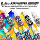 Jacquard Airbrush Paint Set Made in USA - Opaque Air Brush Paint Colors Exciter Pack - Eight-1/2 fl oz Acrylic Airbrush Paint Bottles plus Clear Varnish - Bundled with Set of Moshify 5 Piece Paint Airbrush Cleaning Brushes