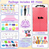 BNUZEIYI 85PCS Doll Clothes and Accessories with Doll Closet for 11.5 Inch Doll - Fashion Design Doll Set Including Wedding Dress Fashion Dresses Outfits Tops and Pants Shoes Hangers Bags for Girls