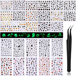 27 Sheets Halloween Nail Sticker Set Fluorescent Halloween Nail Decals Stickers, Halloween Nail Art Stickers with Pumpkin Bat Ghost Witch Design and Black Tweezers for Halloween Party Nail DIY Supply