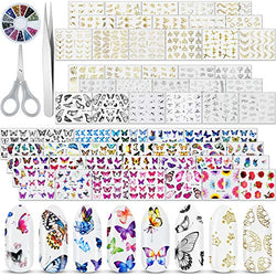 EAONE 60 Sheets Nail Stickers Self-Adhesive Nail Art Stickers Water Transfer Butterfly Nail Tattoos Flowers and Leaf Nail Art Foils with Nail Gems Tweezers and Scissors for Women Girls DIY Nail Art