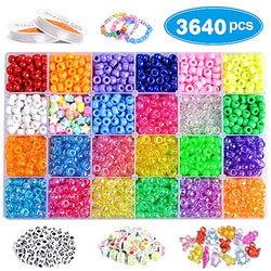 3640+pcs Pony Beads Kit for Bracelet Jewelry Making, Hair Beads, Include 23 Colors Rainbow Beads(9mm), 520 Letter Beads, 50 Color Beads, 90 Heart & Heart Beads and 2 Rolls Elastic String.