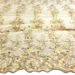 Floral Farina Lace Sequins Embroidered Beaded Scallop Fabric for Dresses 48/49’’ BTY All Colors