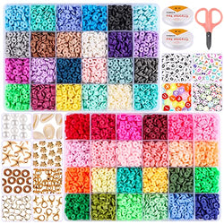 10000+PCS Clay Beads for Jewelry Making Kalolary 48 Colors Flat Round Polymer Clay Spacer Beads with Pendant Charm Kit Jewelry DIY Tools for Bohemian Bracelet Necklace Craft Decoration Supplies (6 mm)