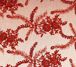 Mesh Lace Fabric Sequin Floral Hand Beaded Nigella 51" Wide / Sold by the yard (Red)