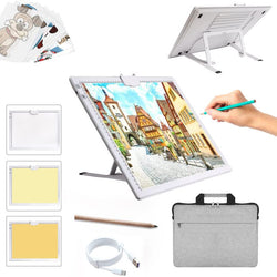 A3 Rechargeable Light Pad with Case, TOHETO 2500mha Battery Powered Light Board with Stand and Top Magnetic Clip 3 Colors Stepless Dimmable 6 Levels Brightness Light Box for Diamond Painting (White)