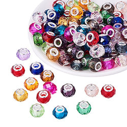 PH PandaHall 100pcs 14mm Mixed Color Glass European Beads with Plating Silver Double Cores Large