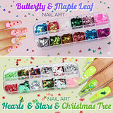 15 Sheets Nail Stickers with Flower Fruits Season Stickers 5D and 3D Self-Adhesive, 5 Boxes Nail Art Designs with Nail Foils, Nail Rhinestones, Butterfly Leaves Heart Snow Christmas Sequins, Chunky and fine Mixed Glitter