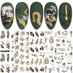 JMEOWIO 9 Sheets Gold Flower Nail Art Stickers Decals Self-Adhesive Pegatinas Uñas Line Abstract Spring Leaf Nail Supplies Nail Art Design Decoration Accessories