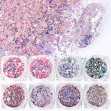 VOLODIA 8 Boxes / Set Holographic Nail Glitter Mermaid Powder Flakes Shiny Charms Hexagon Nail Art Pigment Dust Decoration Manicure