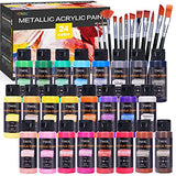 Metallic Acrylic Paint Set, 24 Colors (2 oz/Bottle) with 12 Art Brushes, Art Supplies for Painting Canvas, Wood, Ceramic & Fabric, Rich Pigments Lasting Quality for Artist