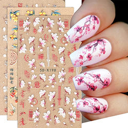 Flower Nail Art Stickers Acrylic 5D Spring Pink Cherry Blossoms White Flower Nail Decals Self-Adhesive Nail Decorations Accessories DIY Acrylic Nails for Women Girls (3 Sheets)
