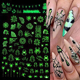 Halloween Nail Art Decals Stickers Glow in Dark Halloween Nail Accessories White Black Luminous 3D Adhesive Slider Skull, Bat, Spider Web, Alien Manicure Decal Decorations 6 Sheets