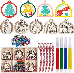 30pcs Unfinished Wooden Hanging Ornaments for Christmas Decorations,5 Styles DIY Wood Slices with Holes for Kids Crafts Centerpieces Holiday Hanging Decorations (with Giftbox)
