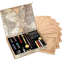 AIYNC Calligraphy Set, Include 3 Dip Pens, 12 replaceable nibs, 4 Calligraphy Inks, 8 Pcs Letter Paper and 1 Envelope, Seal, Pen Holder, 3 Wax Sticks, White Wax,Cup, Dropper, Spoon,Wax Seal Stamp kit.