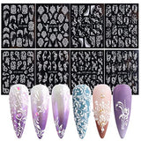 French Nail Art Sticker Decals 5D Embossed French Pattern Roses White Nail Art Accessories Self-Adhesive Nail Art Supplies Decoration Retro Classic Autumn Winter Acrylic Nails Design, 8 Sheets