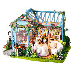 Fsolis DIY Dollhouse Miniature Kit with Furniture, 4D Wooden Miniature House with Dust Cover and Music Movement, Miniature Dolls House Kit (Garden Tea House)