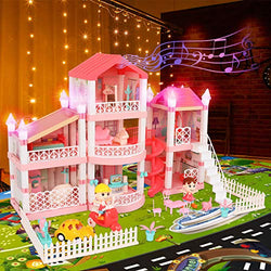 HONYAT Dreamhouse Dollhouse, Dreamy Princess Dollhouse with Furniture & 39" x 47" Mat, 3 Floors 7 Rooms DIY Dollhouse Miniatures Kit, Kid Pretend Play Toys for Toddlers Ages 3 4 5 6 Years