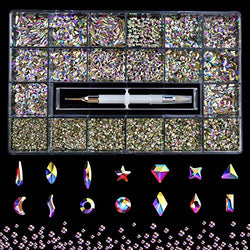 Professional Nail Crystal Kit, 9000pcs Multi Shapes Glass Crystal AB Rhinestones for Nail Art Craft Mix Sizes Non Hotfix Flatback Nail Gems, Wax Pen for Rhinestones, Acrylic Beads Storage Container