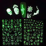 6 Sheets Luminous Black White Halloween Nail Art Stickers,Glow in Dark,3D Self-Adhesive Ghost Pumpkin Spider Web Cat Bat Design Nail Decals for Acrylic Nail Supplies,DIY Nail Decorations Accessories