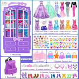 iBayda 94pcs Doll Clothes and Accessories with Doll Closet for 11.5 inch Fashion Design Kit Girl Doll Dress Up Including Long Princess Dress Outfits and Shoes Handbags Necklaces DIY Bead Stickers