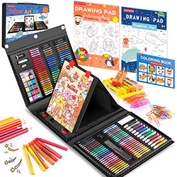 Art Supplies, Soucolor 223-Pack Drawing Art Set Kits with Trifold Easel, 2 A4 Drawing Pad, 1 Coloring Book, Crayons, Pastels, Watercolors, Pencils, Gift Case for Kids Girls Boys Teens Beginners, Black