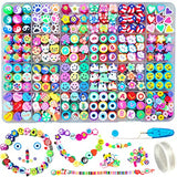666PCS Flower Smiley Polymer Clay Beads Charms 24 Styles Cool Fun Cute Preppy Beads for Jewelry Making Girls Indie Aesthetic Beads DIY Bracelet Accessories Kit 5m Crystal Elastic String for Kids