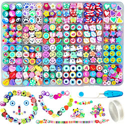 666PCS Flower Smiley Polymer Clay Beads Charms 24 Styles Cool Fun Cute Preppy Beads for Jewelry Making Girls Indie Aesthetic Beads DIY Bracelet Accessories Kit 5m Crystal Elastic String for Kids