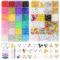 Zoyomax 7000 Pcs Clay Beads for Bracelets Making, 6mm 24 Colors Flat Round Polymer Clay Spacer Beads with Letter Beads Smile Face Beads Pendants & Elastic Strings for DIY Jewelry Bracelet Making Kit