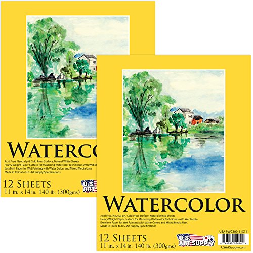 U.S. Art Supply 11" x 14" Premium Heavy-Weight Watercolor Painting Paper Pad, 60 Pound (300gsm),