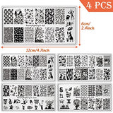 4 Pieces Halloween Nail Art Stamping Plates with Spider Webs Pumpkins Bats Witches Image Stamp Templates Kit DIY Stainless Steel Nail Image Polish Template Kit Manicure Stencils Tools