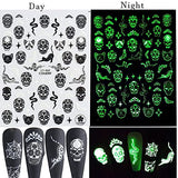 Halloween Nail Art Decals Stickers Glow in Dark Halloween Nail Accessories White Black Luminous 3D Adhesive Slider Skull, Bat, Spider Web, Alien Manicure Decal Decorations 6 Sheets