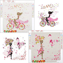 2 Pieces 5D Diamond Painting Kit Include Pink Umbrella and Bicycle Butterfly Girl Diamond Painting Jewel Art Tools for Adults and Kids DIY Crafts