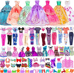 49 Pack Mini Doll Clothes and Accessories Set for 11.5 inch Girl Dolls Include 3 Long Princess Dresses, 4 Tops, 4 Pants, 3 Bikinis, 5 Short Dresses, 10 Shoes, 10 Handbag, 10 Hangers