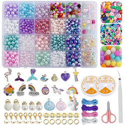 XICHIGO 1800pcs Pearl Round Beads for Jewelry Making Kit for Kids Girls Smile Fruit Polymer Clay Beads Mermaid Starfish Shell Rainbow Charms Bead Kit for Bracelets Necklaces Rings