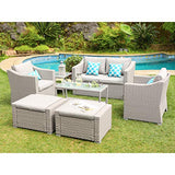 COSIEST 7-Piece Outdoor Patio Furniture Conversation Set All-Weather Wicker Sectional Sofa w Thick Cushions, Coffee Table, Glass-Top Table, 2 Ottomans, 4 Teal Pattern Pillows for Pool, Lawn, Backyard