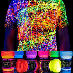 neon nights 8 x UV Fabric Paint Set Fluorescent for Clothing - Vibrant Ultraviolet Textile Black Light Paint for Projects, Glow Parties, and Events - Set of 8 Bright Colors - 0.7 fl oz / 20ml Each