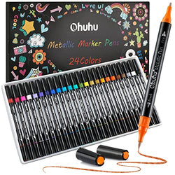 Ohuhu Double-tipped Metallic Markers Pen: 24 Colors Brush & Fine Metallic Paint Pens For Cards Writing, Painting, Coloring, Calligraphy Glitter Marker For DIY Album Scrapbook Wood Glass