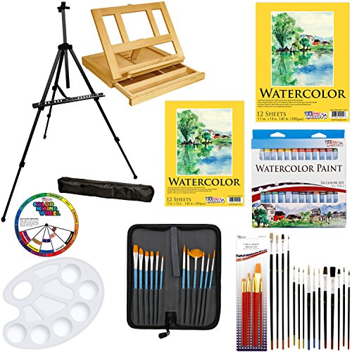 US Art Supply 69-Piece Watercolor Paint Set with Aluminum Easel, Wood Table Easel, 24 Watercolor