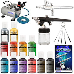 Master Airbrush 2 Airbrush Cake Decorating Airbrushing System Kit with Set of 12 Chefmaster Food