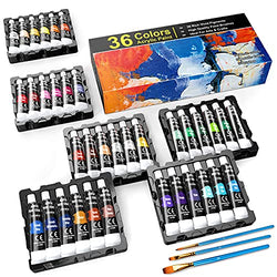 Acrylic Paint Set, Emooqi 36 Vibrant Colors 12ml（With 2 metallic Paint), 3 Paint Brushes, Quick Dry, Ideal for Artists Beginners and Kids Painting on Canvas, Wood, Clay, Fabric, Ceramic Craft.