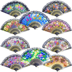 Grosun 10pcs Spanish Floral Folding Hand Fan Sequin Fabric Folding Handheld Hand Fan, Random Color