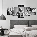 Marilyn Monroe Wall Decor Vintage Painting on Canvas Retro Black White Wall Art 5 Panels Multi Pieces Posters Prints Pictures Wooden Artwork for Living Room Giclee Home Decorations Framed(60''Wx32''H)