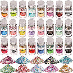 Opal Chunky Glitter, Set of 24, LEOBRO Holographic Craft Glitter for Resin Art Crafts, Cosmetic Glitter for Nail Body Face Eye, Iridescent Sparkle Sequin Flake Glitter for Slime Jewelry Making
