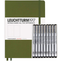 Leuchturm1917 Dotted Journal Medium A5 Bullet Notebook with 9 Pack Black Fineliner Fine Tip and Brush Journaling Pens Set (Dotted, Army)