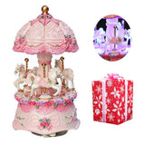 ibowoov Carousel Music Box Luxury Color Change LED Light Luminous Rotating 3-Horse Carousel Horse Music Box Melody Carrying You from Castle in The Sky (Pink)