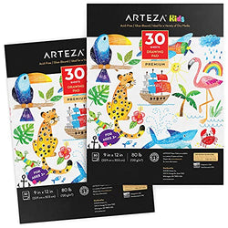 Arteza Kids Drawing Pad, Pack of 2, 9 x 12 Inches, 30 Sheets Each, Art Supplies for Drawing and Sketching with Crayons, Colored Pencils, and Markers