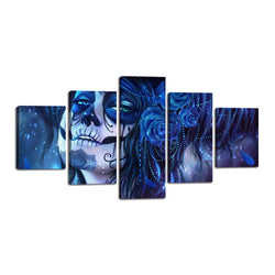 Dia De Los Muertos Skull Design Canvas Day of the Dead Wall Art Painting 5 PCS Modern Posters and Prints Awesome Girl Pictures for Living Room,Home Decor Gallery-wrapped Framed Stretched(60''Wx32''H)