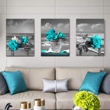 Canvas Wall Art for Living Room Simple Life Black and White Rose Flowers Blue Canvas Wall Art Decor 3 Panel Framed Wall Art for Bedroom Ready to Hang for Home Decoration