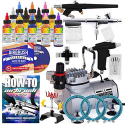 PointZero Cake Airbrush Decorating Kit - 3 Airbrushes, Stand, Compressor Bundle with 12 Chefmaster Colors